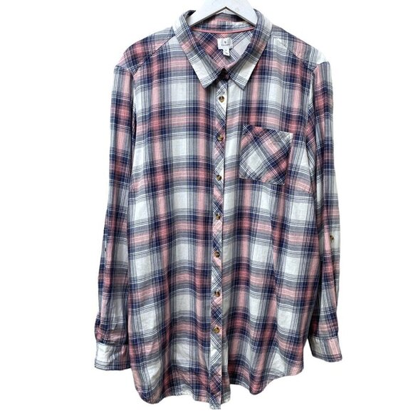DRESSBARN Plaid Shirt Plus Size 3X Cotton Blue Pink Long Sleeve Button Up NWT - Picture 1 of 10